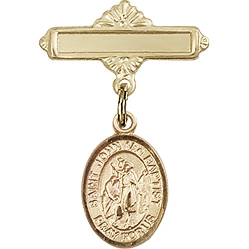 Gold Filled Baby Badge with St. John the Baptist Charm and Polished Badge Pin 1 X 5/8 inches