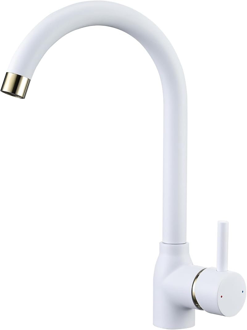 Hapilife White Kitchen Taps Mixer Single Lever Monoblock 360° Spout Gold