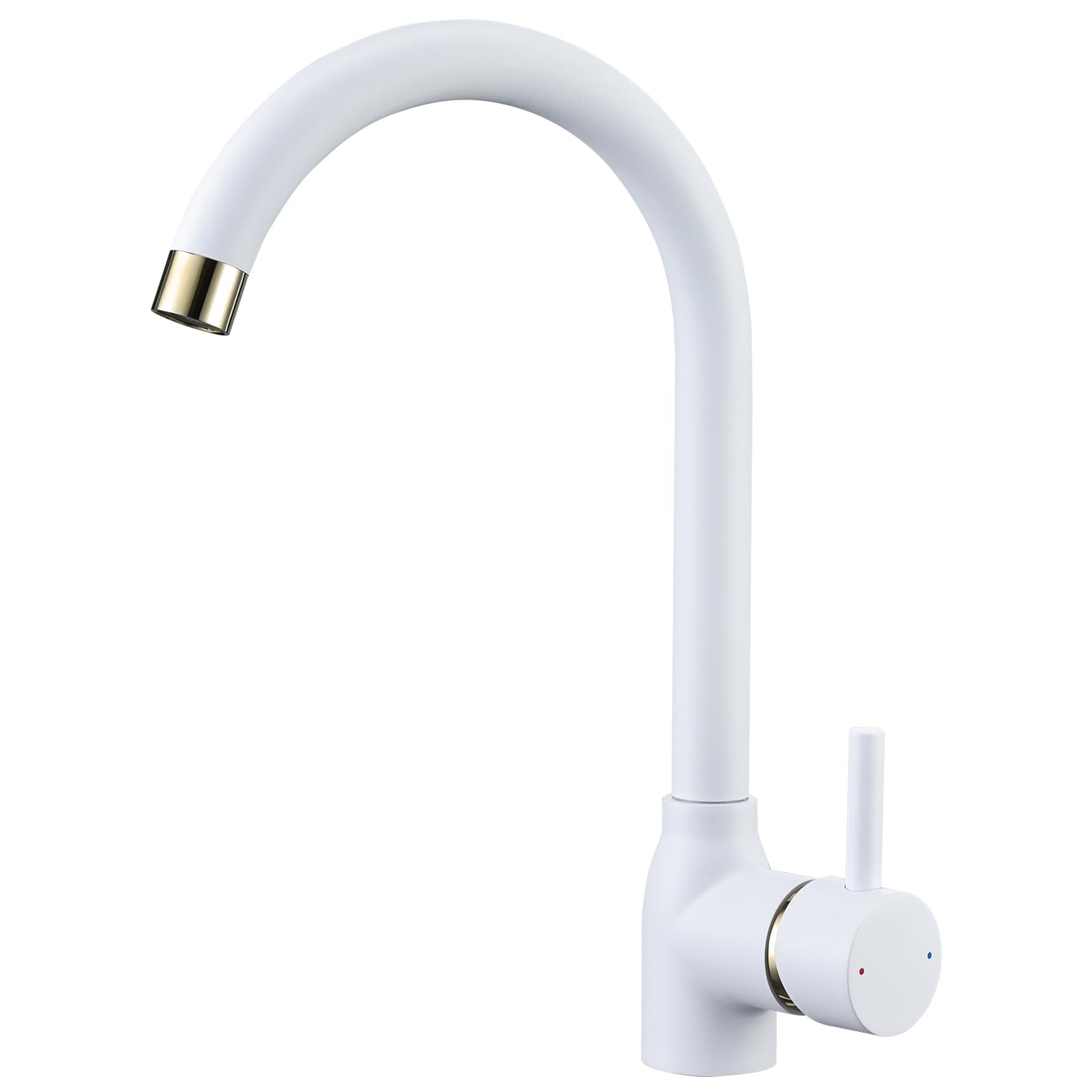 Hapilife White Kitchen Taps Mixer Single Lever Monoblock Kitchen Sink Mixer Tap 1 Hole with Gold Accents 360° Swivel Spout Modern Hot Cold Faucets with UK Standard Fittings