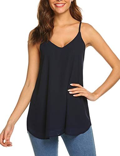 SUNAELIA Women Sleeveless Strap Tank Top Camisole Chiffon Summer V Neck Casual Solid Loose Blouse Shirts Navy Blue