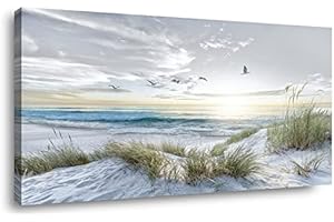 Canvas Prints Wall Art Beach Sunrise Ocean Waves Beach Grass Nature Pictures Stretched Canvas Wooden Framed for living Room B