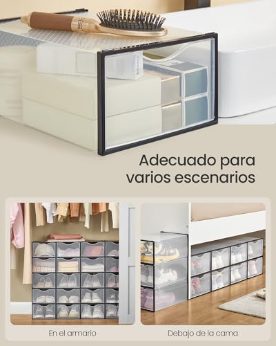 SONGMICS Cajas para Zapatos, Organizador de Zapatos de Plástico, Juego de 12, para Zapatos hasta 43, Transparente y Negro Tinta MLSP312B01