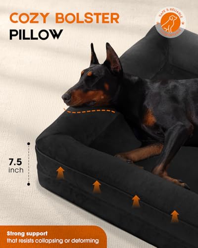Orthopedic XXL Dog Bed for Giant Dogs, Non-Slip Bottom with Washable Cover | Waterproof, Machine Washable, Removable Cover, Egg Foam, Four-Sided Bolster, Joint Pain Relief, Senior Dogs, Black Dog Bed