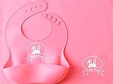 Chubby Bunny Premium Silicone Bib and Placemat with Pocket Set for Baby/Kids, Food Grade, Reusable, Dishwasher Safe, Pink