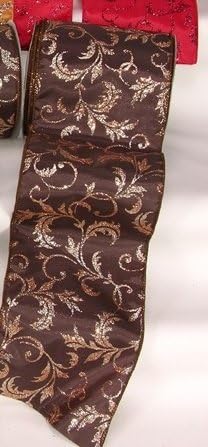 Brown Sparkle Leafy Swirl Wired Craft Ribbon 5" x 20 Yards
