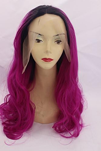 Rongduoyi Fashion Wavy Long Ombre Wave wigs Heat Resistant Synthetic Lace Front Wigs for Women(#1b/Hot Pink, 24inch)