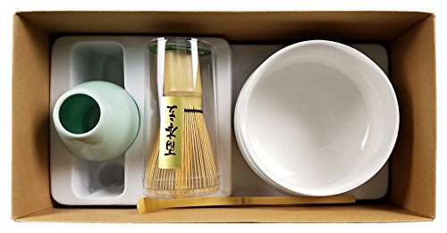 Matcha Tea Set with Matcha Bowl, Whisk and Stand for Traditional Japanese Tea Ceremony or Everyday Use by Princeton Wares. (Plum Blossum White)
