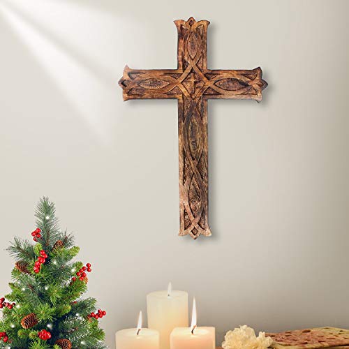 Artisans Of India Wooden Cross Plaque Long Hanging with Hand Carvings Religious Altar Home Living Room Decor (10 Inches Long)