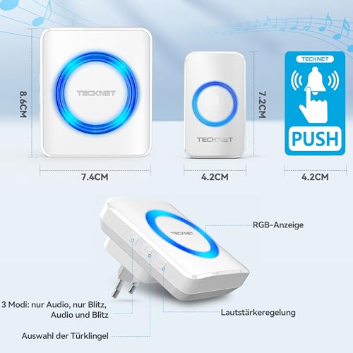 TECKNET Wireless Bell, IP65 Wireless Bell Set, Outdoor Waterproof, Wireless Doorbell 600 m Range, Front Door Bell, 2 Transmitters, 4 Plug-In Receivers, 60 Melodies Doorbell and Bell Push with LED Flash