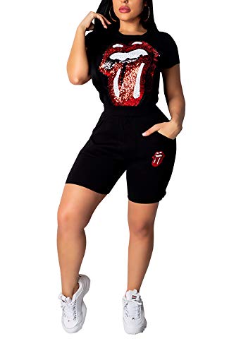 Women Summer 2 Piece Outfits Sequins Short Sleeve Tshirts Shorts Set Tracksuits Jogging Suits Set Party Clubwear