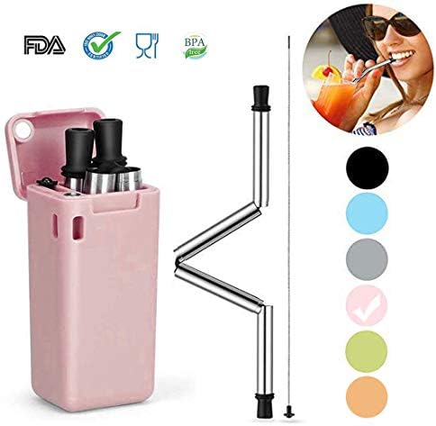 Collapsible Reusable Straws,Stainless Steel and Premium Food-Grade Foldable Silicone Straw,Portable Set with Hard Case Holder & Cleaning Brush, for Party, Travel, Household,Outdoor (Pink)