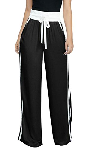Fubotevic Women Striped Side High Waisted Sport Drawstring Wide Leg Palazzo Lounge Pants