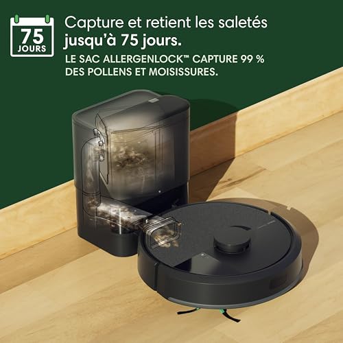 Roomba 105 Combo+AutoEmpty Dock - Robot Aspirateur Laveur 2en1 - Aspiration de 7KPa - Navigation LiDAR - Détection des Tapis - Zones de Nettoyage et d'Évitement - 4 Niveaux d'Aspiration - Noir