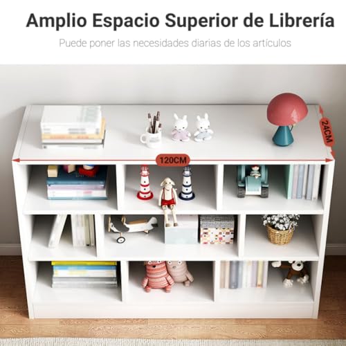 Librero de 10 Compartimentos, 3 Repisas Librero Organizador, Librería Vertical de Pie, Librería Cubby Sencilla Blanco Para Exposición, Almacenaje, para Sala,Oficina,Dormitorio, 120*104*24 CM