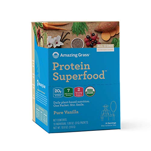 Amazing Grass Protein Superfood: Organic Vegan Protein Powder, Plant Based Meal Replacement Shake with 2 servings of Fruits and Veggies, Pure Vanilla Flavor, 10 Single Serve Packets, 10.9 Ounce