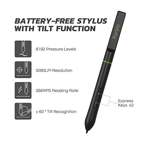 Parblo Graphics Drawing Tablet, 10x 6 Inch Pen Tablet with 8192 Levels Pressure Battery-Free Stylus for Photo Editing, Online Learning, Digital Artwork, Sketching, 10 Customizable Hot-Keys