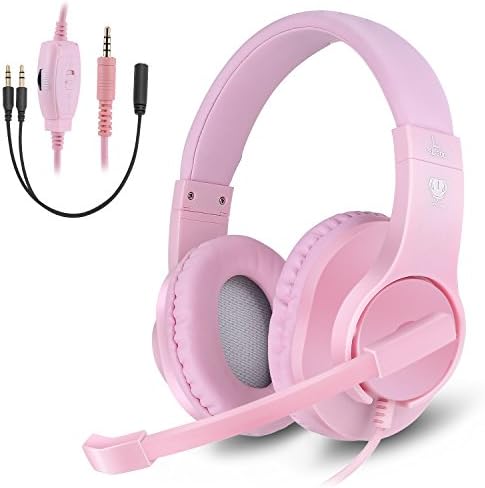 Anksono Gaming Headset for Xbox One, PS4, Nintendo Switch, 3.5MM Wired Over-ear Headphone with Microphone and Volume Control for PC, Laptop, iPad, Cell Phone - PINK