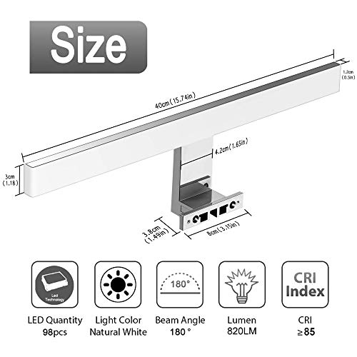 Lámpara LED de Espejo 10W 820LM Lámpara de Baño Azhien, Blanco Neutro 4000K Lámpara LED de Pared Luz de Gabinete IP44 230V Luz de Espejo de Baño de Acero Inoxidable 40cm