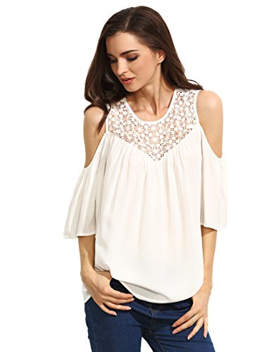 Floerns Women's Casual Cold Shoulder Crochet Lace Hollow Out Tops Blouse White S