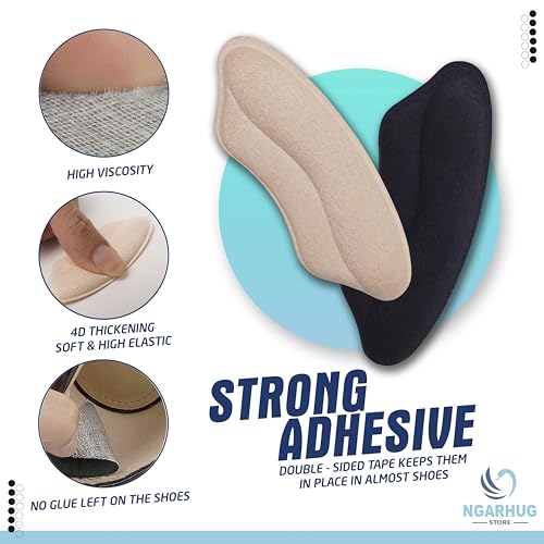 Ngarhug Heel Pads for Shoes - Heel Grips - Shoe Inserts to Make Shoes Smaller, 6 Pairs Heel Cushion Prevent Too Big Shoe from Heel Pading, Blisters,Filler for Loose Shoe Fit (Black + Beige)