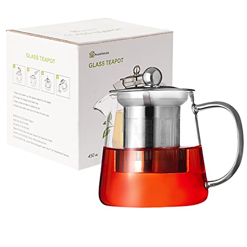 PluieSoleil Clear Glass Teapot with Infuser, Round Shape Infuser Tea Pot, Heat Resistant Borosilicate Glass Strainer Teapot 450ML