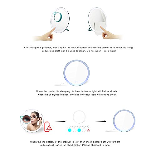 BIGWINNER USB Charge LED Makeup Mirror, Portable Travel Vanity Mirror with Natural LED Light Dimmable and Removable Cosmetic Mirror for Bedroom/Travel (Blue) - Thumbnail 6