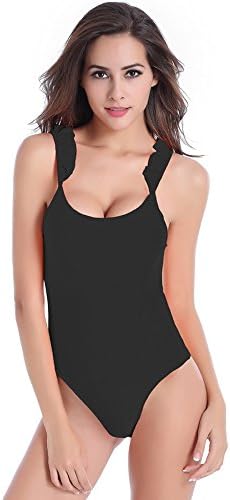 Nogajoe Women's Ruffled Strap Endurance Shirred Tank One-Piece Swimsuit Bikini Black L