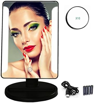 Makeup Mirror LED Lighted Vanity Mirror with 10x Magnifying Spot Mirror, Touch Sensor Tabletop Cosmetic Mirror with USB Power Supply, Batteries