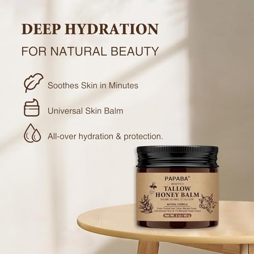 Bálsamo de miel de sebo batido con sebo de res alimentado con pasto, miel de Manuka, aceite de oliva Beef Tallow Honey Balm for Skin 2 oz