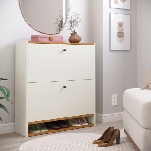 Sapateira Safira 2 Portas Basculante 15 Pares Calçados Nicho Inferior Organizador Decoração Quarto Sala Hall Entrada Apartamento Compacta (Off White/Cinamomo)
