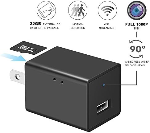 Spy Camera Charger Adapter, Wifi HD 1080P Mini USB Wall Charger Hidden Camera/Nanny Spy Camera Wireless Adapter with 32GB External SD Card for IOS iPhone Android Mobile APP Remote View