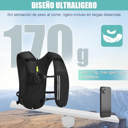 ONETOALL Chaleco Running Hombre Mujer con Botella 500ml y Luz LED Recargable, Chaleco Hidratacion Trail Running, Running Vest, Mochila Hidratacion para Correr Senderismo Montaña Deporte, Solo 175g