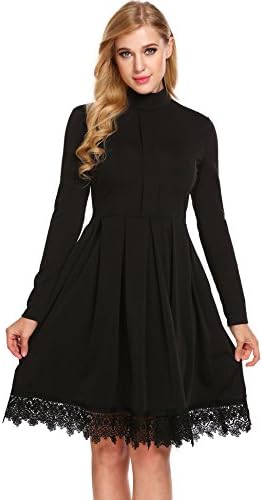 GEESENSS Women's Vintage Mock Turtle Neck Long Sleeve Lacy Pleated Tea Party Swing Dress