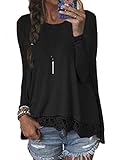 Halife Women's Crewneck Long Sleeve T-shirts Tops with Lace and Crochet Trim (XXL, Black)