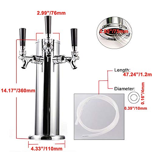 Lfhelper 3-Faucet Beer Tower Stainless Steel Triple Beer Tower Dispenser Kegerator 14.17"(360mm) Height 2.99"(76mm) Dia 47.24"(120cm) Length Tube - Thumbnail 7