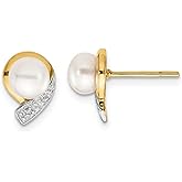 14K Yellow Gold Freshwater Cultured White Pearl 5-6mm Post Earrings with Accent Diamonds