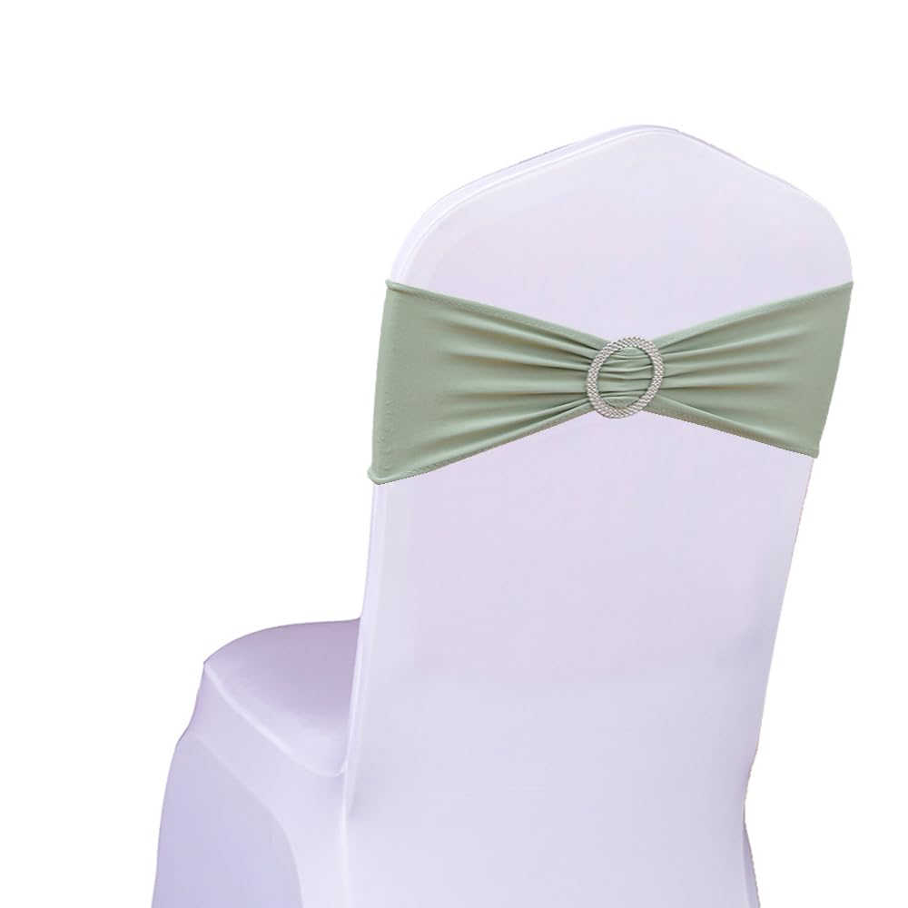 Photo 1 of SINSSOWL Pack of 50 Spandex Sage Green Chair Sashes Bows Elastic Chair Cover Bands Slider Buckles for Wedding Reception Banquet Bridal Decorations - Sage Green