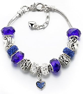 Vintage Carved Handmade Glass and Swarovski Elements Crystal Sterling Silver Plated Charm Bracelets in Gift Box (Sapphire)