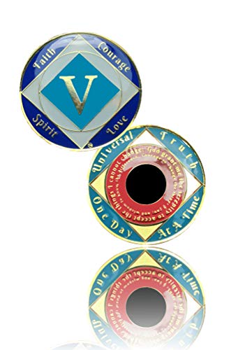 Simply Minimal 5 Year NA Gold Plated Recovery Clean Time Coin, Medallion + Plastic Capsule, Display Case (Blue)