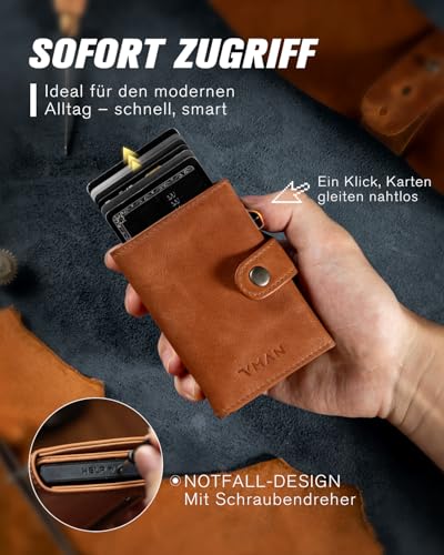 VMAN Men's Slim Wallet with Coin Compartment, RFID Protection, Premium Leather Wallet for 8-11 Cards, Small Card Holder for Everyday & Travel - Brown