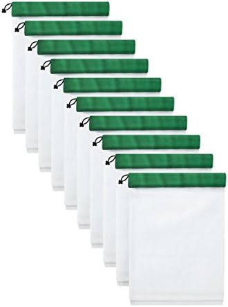 Reusable Produce Bags - Washable Eco Friendly Mesh Sacks Set of 9 or 10 - Replace Plastic + Preserve Fruit! (Premium Grocery and Vegetable Storage Bags) (Polyester Mesh, Set of 10 Small)