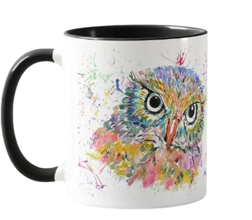 Vixar Owl Watercolour Rainbow Art Coloured Mug Cup, Gift, Birthday, Work, Office, Christmas Tea Coffee (Black)