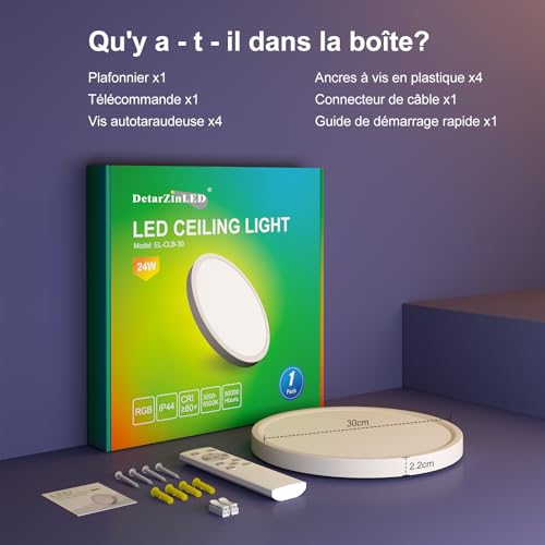 DetarZinLED 2 x Extra Flat LED Ceiling Light 30 cm with Remote Control, 24 W 2700 LM Dimmable CCT Round Ceiling Lamp, RGB Colour Changing Chandelier Children's Bedroom Night Light, IP44 Waterproof Bathroom