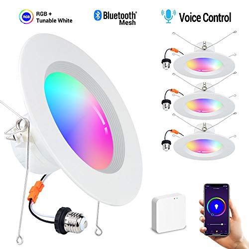 MustWin Smart Retrofit Led Recessed Lighting 6 inch LED Downlight, Bluetooth Mesh LED Can Lights Color Changing, Voice Control via Alexa Google Assistant IFTTT, Dimmable RGBCW 15W*4 Pack(Hub Included)