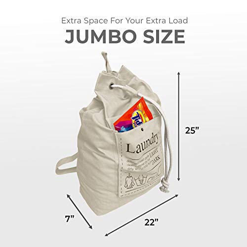 Laundry Bag Backpack Spacious 25"X22" Drawstring Cotton Canvas with Strong Durable Shoulder Straps Washing Storage Organizer College Students Dorm Room (Natural)