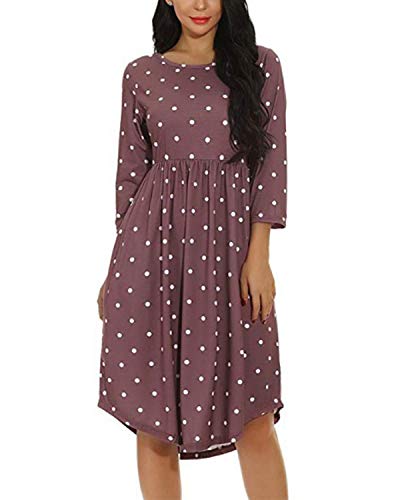 GIKING Womens Polka Dot Dress Casual Long Sleeve Pleated Swing Dress Pockets Midi Dress Coffee XL