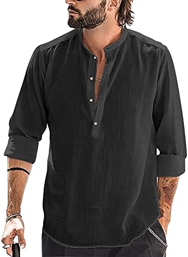Hestenve Mens Linen Henley Shirt Casual Long Sleeve T-Shirt Summer