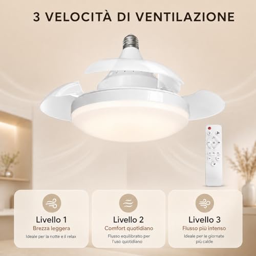 MARSI Ventilador de Techo con Luz LED 40 cm, Lámpara Ventilador E27, 3 Aspas Retráctiles PC, Motor DC, 3 Velocidades, Luz Regulable, Mando IR, para Dormitorio y Estudio