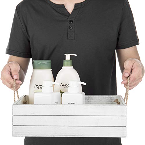 MyGift Vintage White Wooden Storage Bin with Rope Handles, Decorative Open Top Small Wood Box