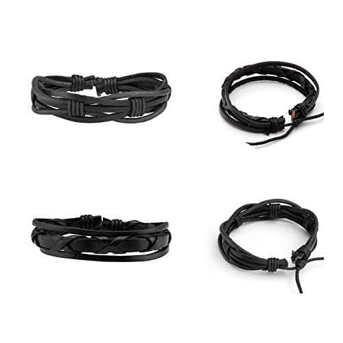 MILAKOO 10 Pcs Leather Bracelet Black Braided Wide Wristband Women Men Punk Jewelry Skull